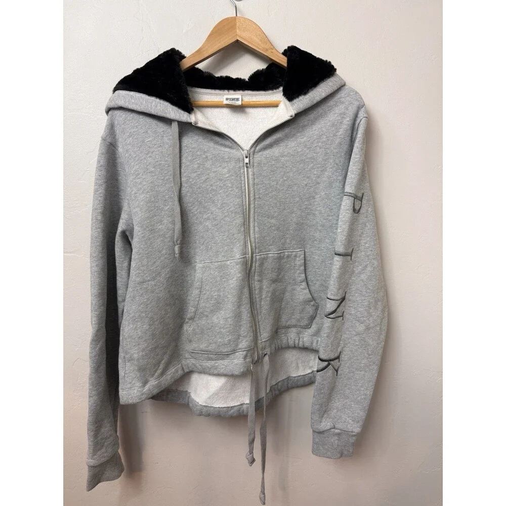 PINK Victoria Secret Womens M Gray Full Zip Embroidered Faux Fur Hoodie Cropped